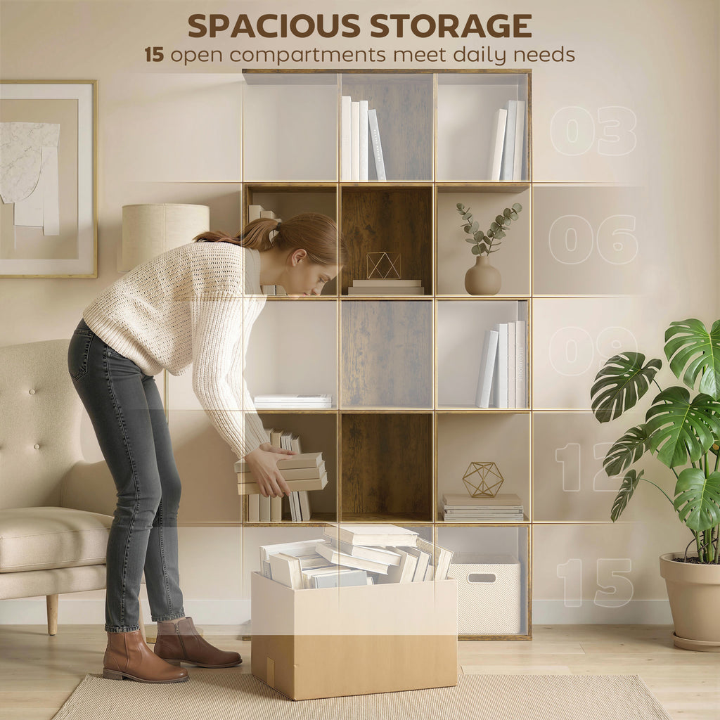 5-Tier Bookshelf, S Shaped Geometric Bookcase with 15 Compartments, Rustic Brown