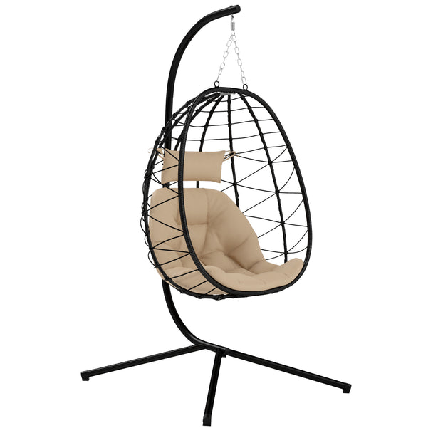 Outsunny Hanging Egg Chair Outdoor Indoor Garden Swing Chair with Folding Basket, Thickened Cushion, Garden Hanging