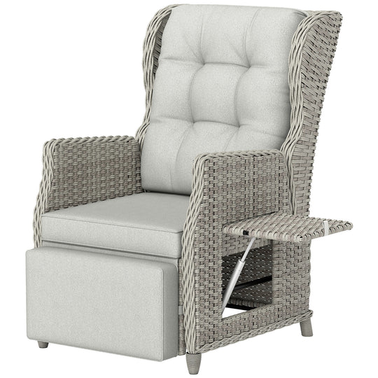 Light grey rattan garden recliner with adjustable footrest, thick cushions and flip-up side tray