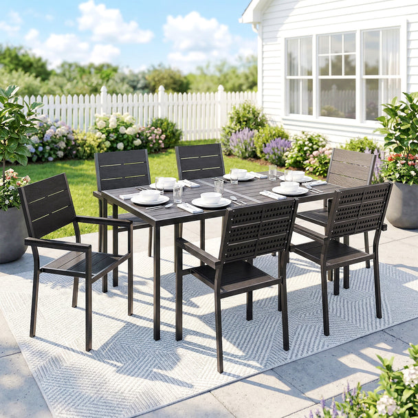 Outsunny 7 Pieces Outdoor Dining Set, Patio Table and Chairs for 6, Garden Dining Furniture Set with Slatted Tabletop – view 2