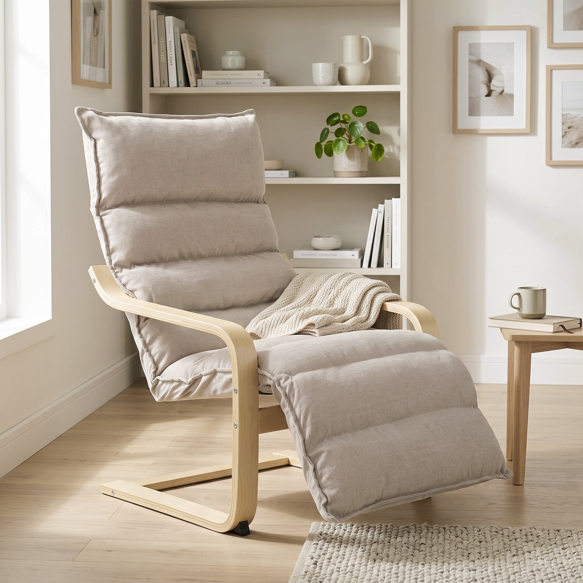 Curved Wooden Accent Chair, Armchair with Adjustable Footrest, Light Brown