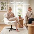 Swivel Accent Chair, Shell-Shaped Armchair with Spring Cushion, Metal Base, Cream White