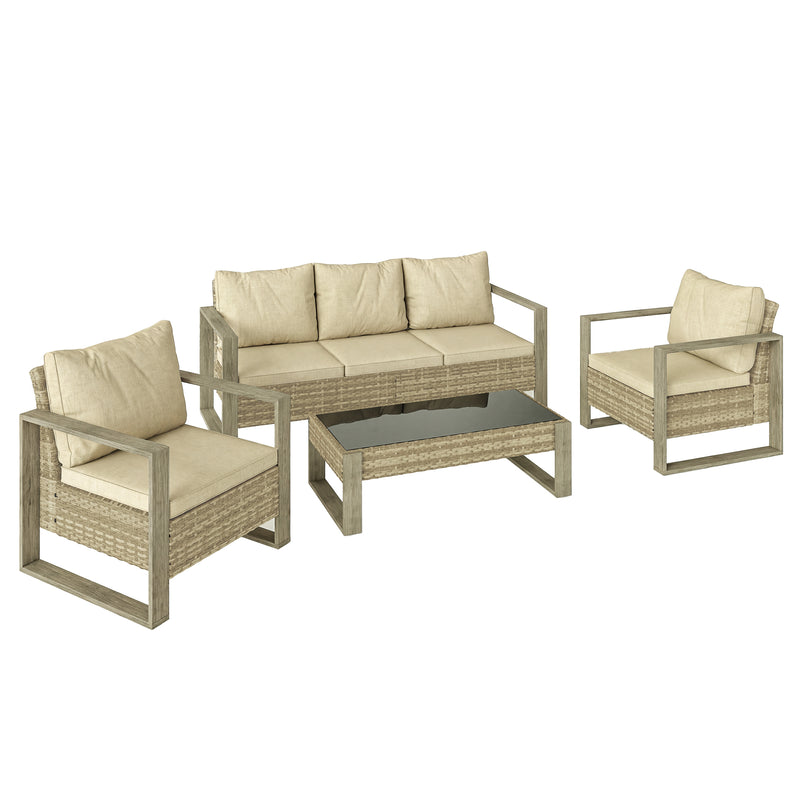 Outsunny 4 Piece Rattan Garden Furniture Set with 3-Seater Sofa, Armchairs, Table, Aluminium Frame Patio Conversation