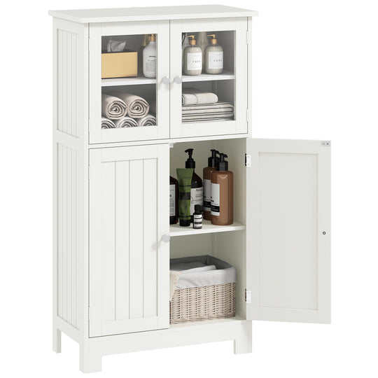 White freestanding bathroom cabinet with tempered glass upper doors and lower cupboard