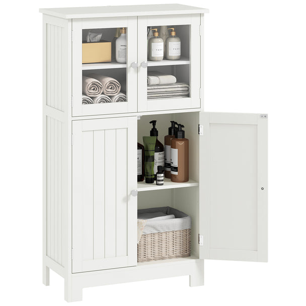 White freestanding bathroom cabinet with tempered glass upper doors and lower cupboard