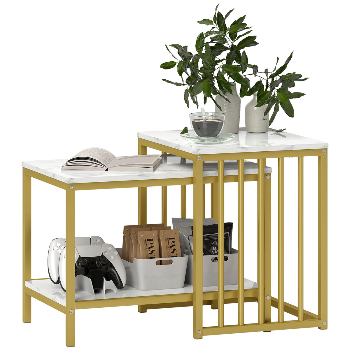Set of 2 Marble-Effect Nesting Side Tables – White & Gold