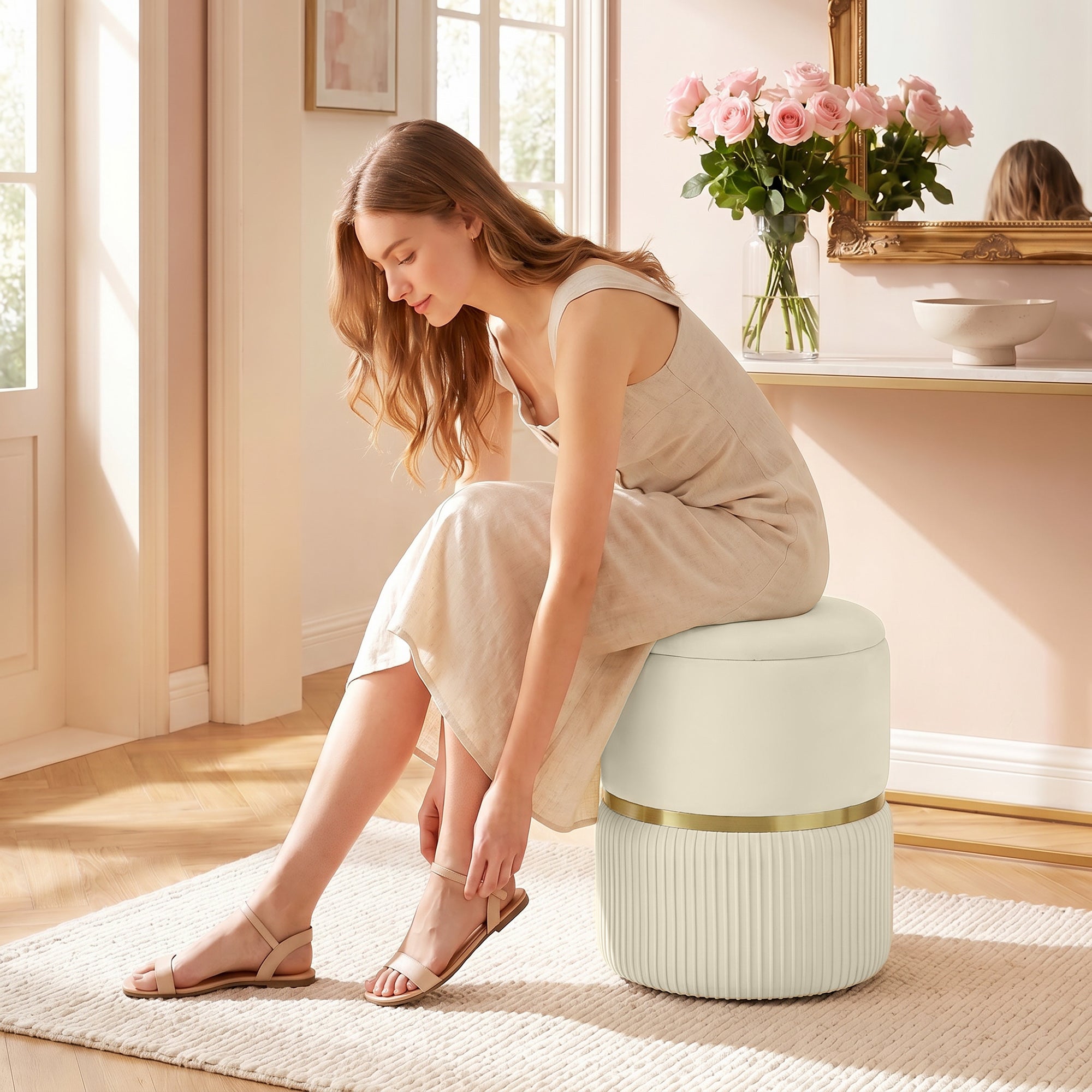 Round Storage Stool, Velvet-feel Fabric Upholstered Vanity Stool with Removable Top, Padded Seat and Hidden Space, Beige