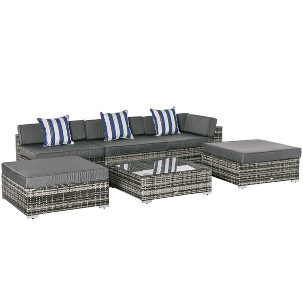 Grey 6-piece modular rattan sofa set with corner, middle sections, footstools and glass coffee table