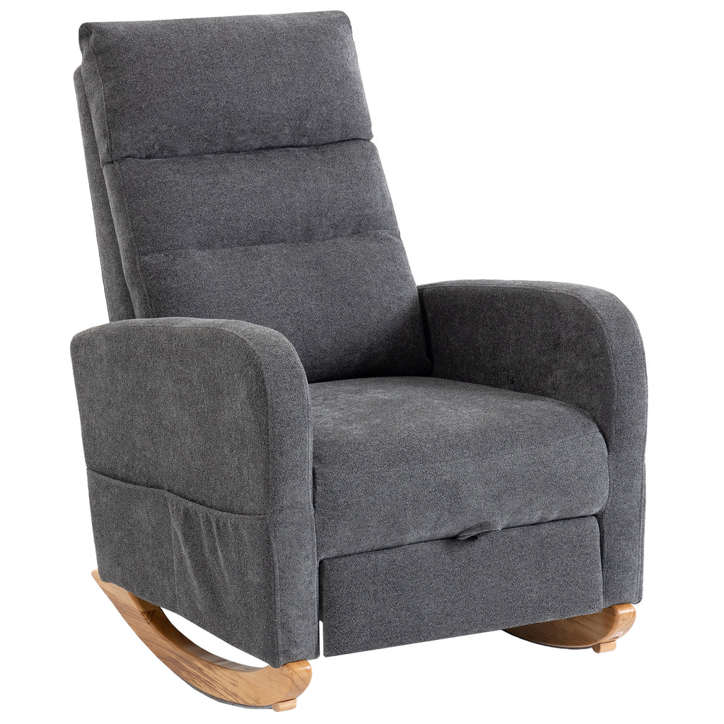Upholstered Rocking Chair Retractable Footrest Rocker Chair High Back for Living Room Grey