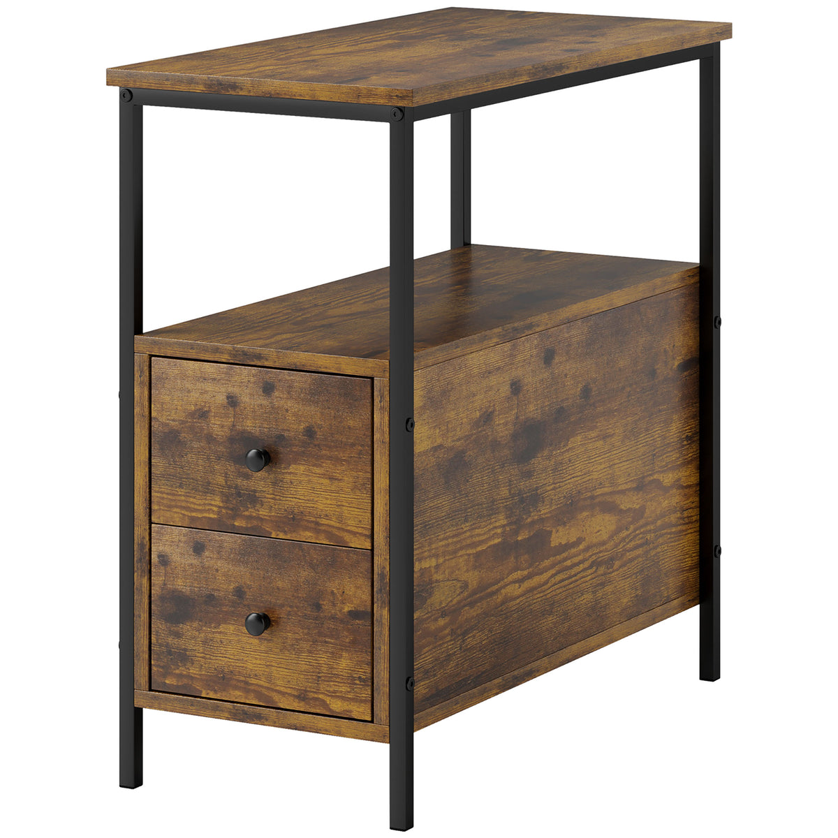 61 cm Narrow Industrial Side Table with 2 Drawers – Rustic Brown