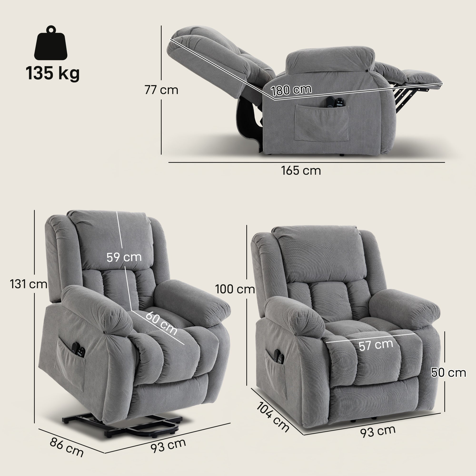 Recliner Armchair Lift Chair, Electric Recliner Chair with Vibration Massage and Heat, Wide Seat, USB Port, Light Grey