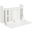 White wall-mounted drop-leaf desk open to show laptop work surface and storage compartments