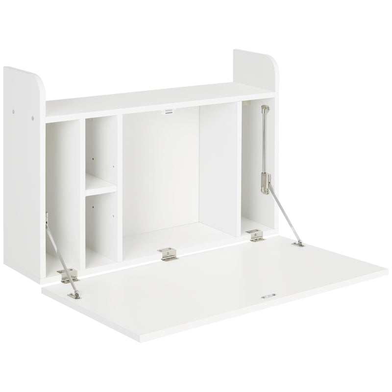 White wall-mounted drop-leaf desk open to show laptop work surface and storage compartments