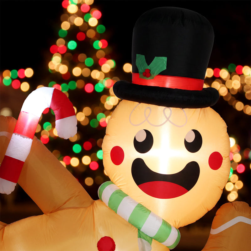 Close-up view of the 9.8ft lying gingerbread man Christmas inflatable