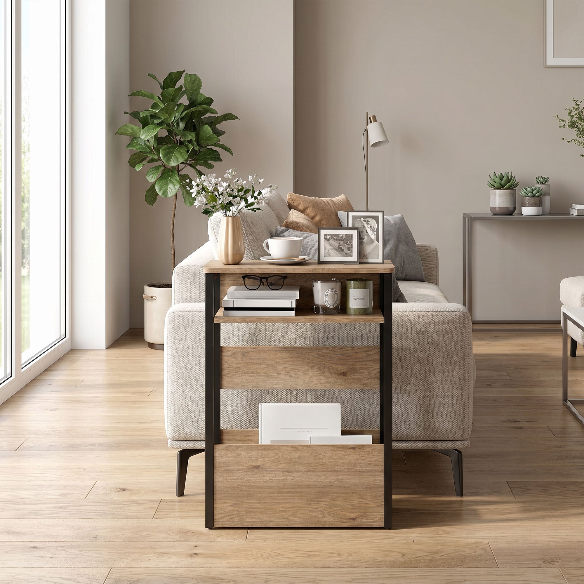 Industrial-Style Side Table - Black/Walnut Brown