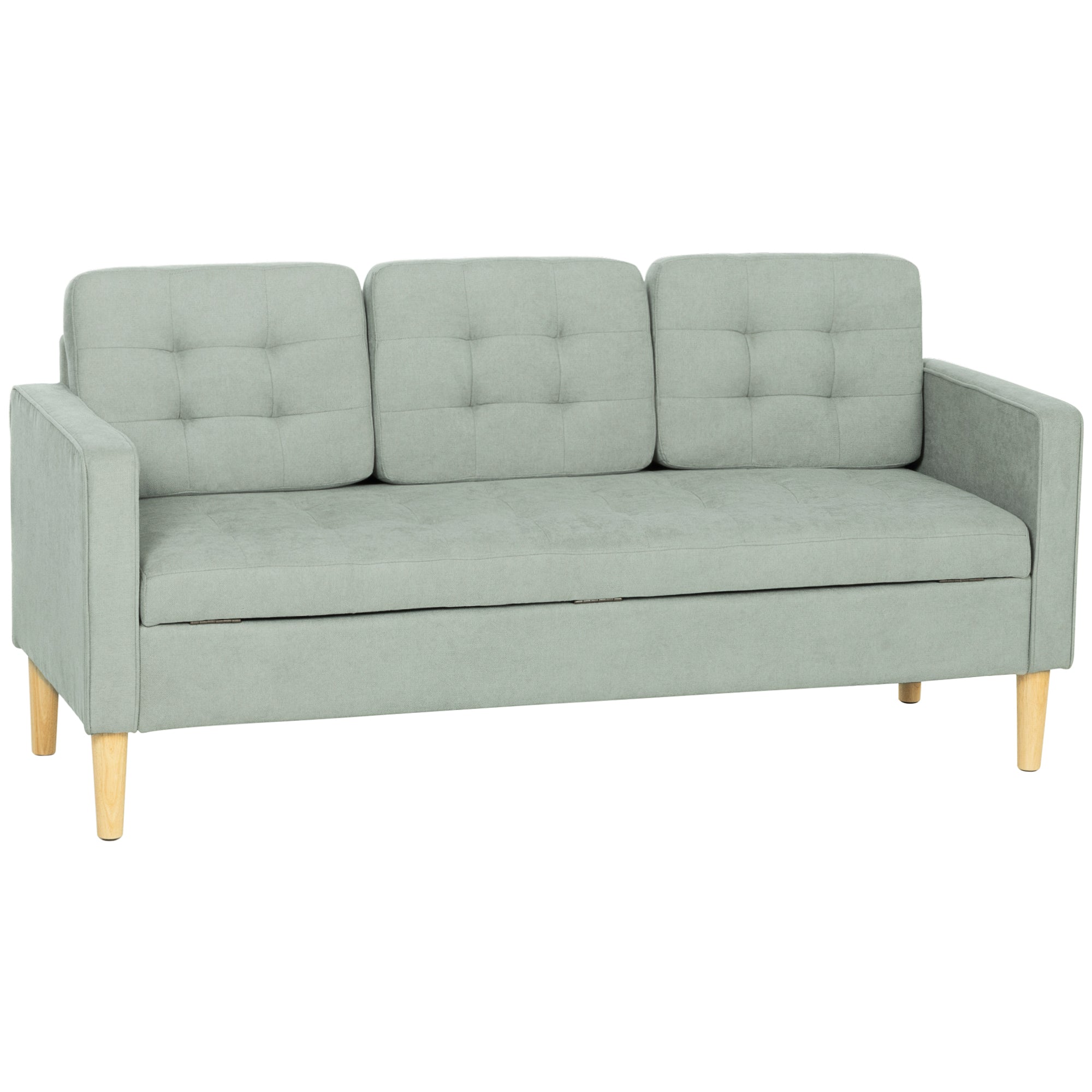 3 Seater Sofa, 169cm Couch with Hidden Storage, Wood Legs, Light Grey