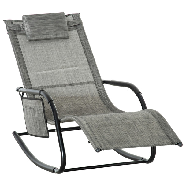 Dark grey metal rocking lounge chair with mesh seat, headrest pillow and side pocket