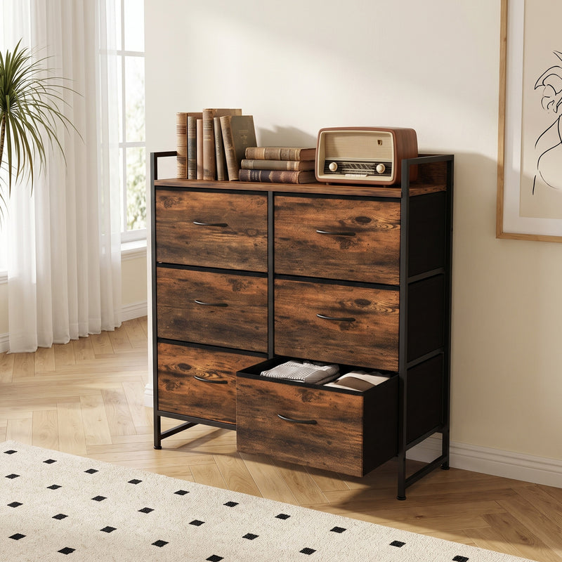 HOMCOM Rustic Chest of Six Fabric Drawers - Rustic Brown – view 9