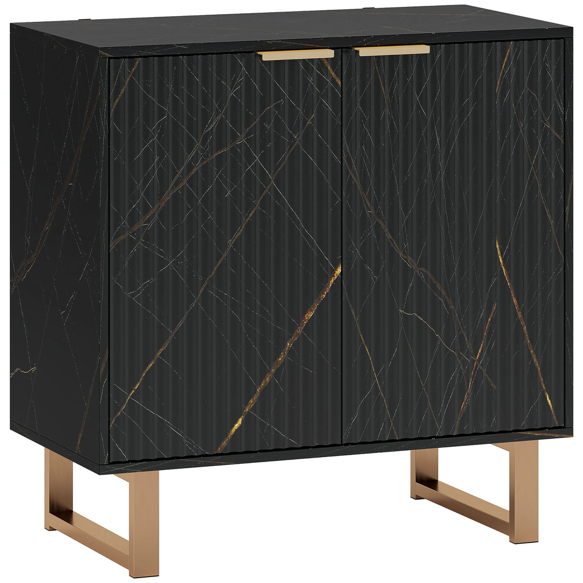 Black sideboard with ribbed front, gold accents and metal legs