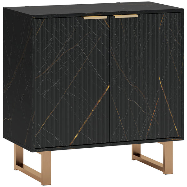 Black sideboard with ribbed front, gold accents and metal legs