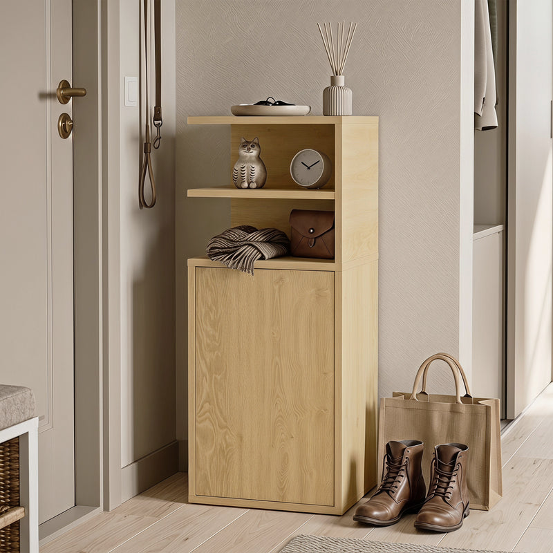 HOMCOM Slim Bedside Table Set of 2, Narrow Bedside Cabinet with Open Cubbies and Cupboard for Bedroom Living Room, Oak – view 8