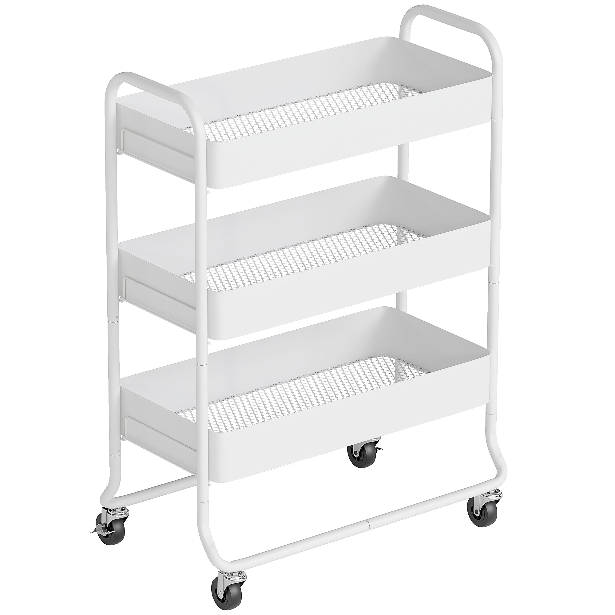 HOMCOM 3-Tier Storage Trolley on Wheels with Mesh Baskets - White