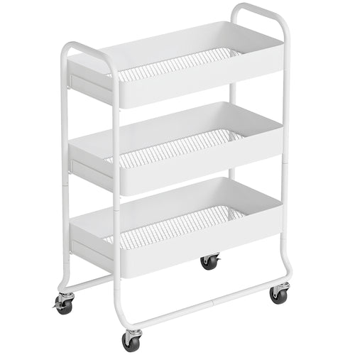 HOMCOM 3-Tier Storage Trolley on Wheels with Mesh Baskets - White