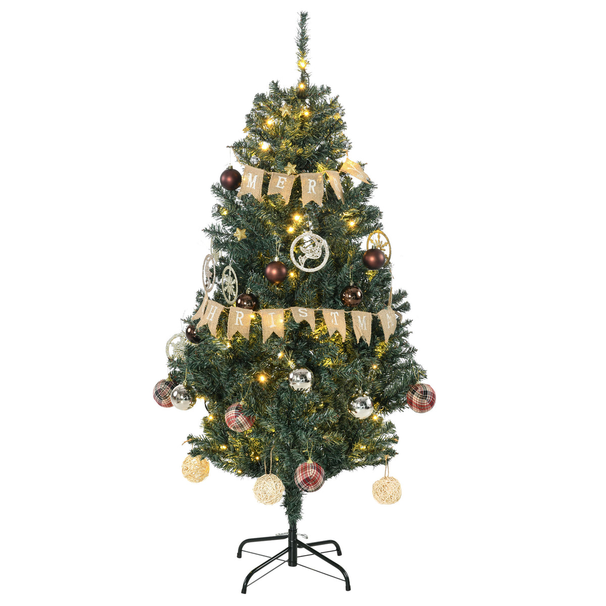 5ft pre-lit green Christmas tree with warm white lights, baubles and a Merry Christmas banner