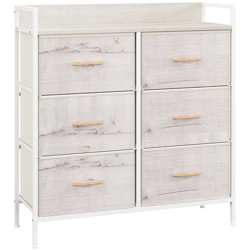 White 6-drawer fabric chest with natural wood-effect top and steel frame