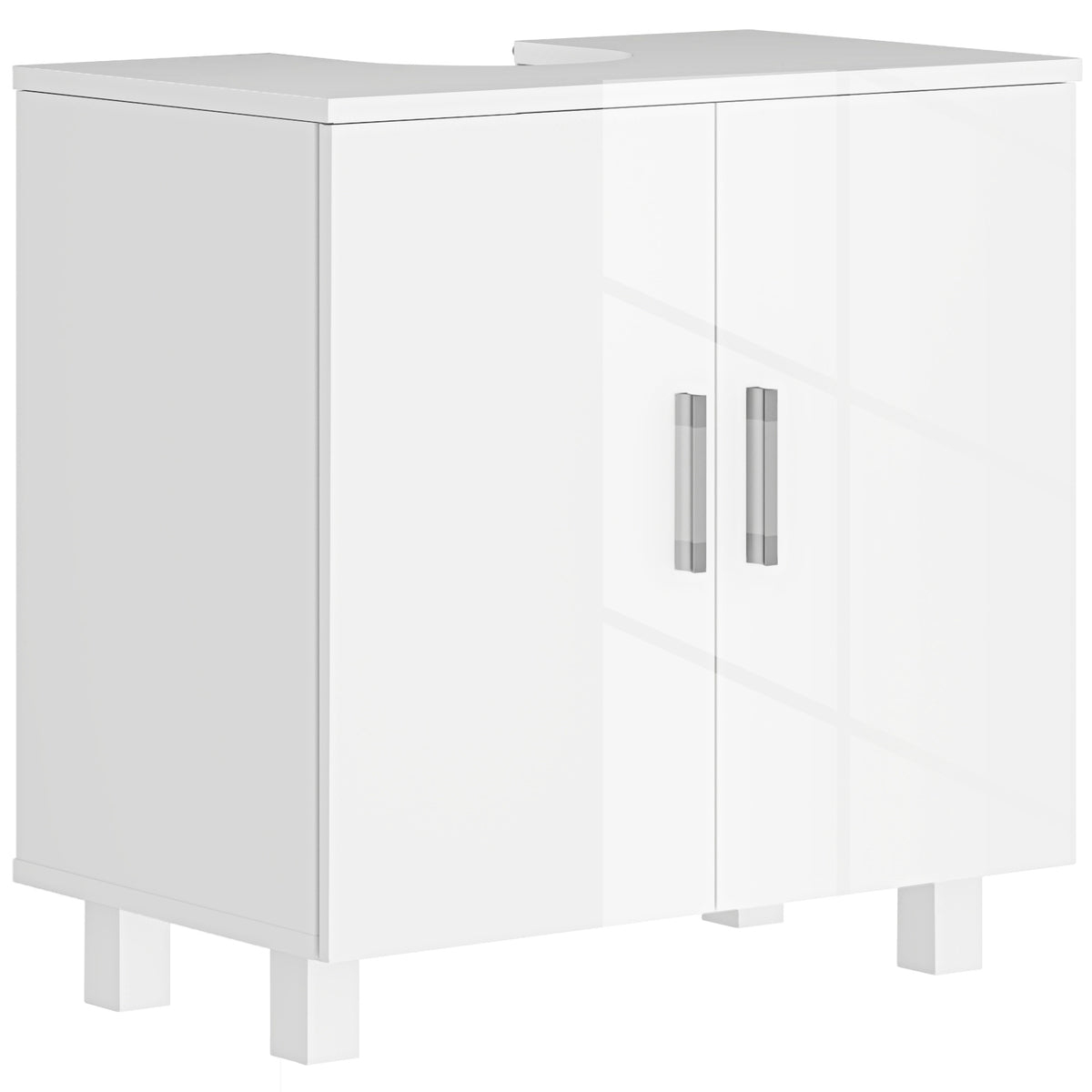 High gloss white under sink bathroom cabinet with two flat doors and U-shaped cut-out