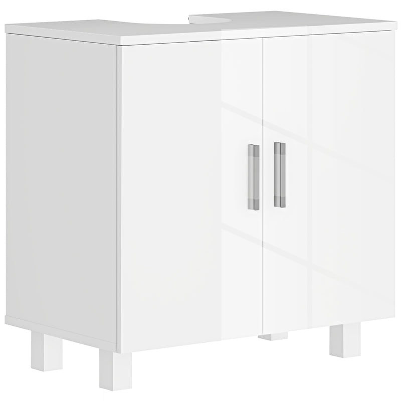High gloss white under sink bathroom cabinet with two flat doors and U-shaped cut-out