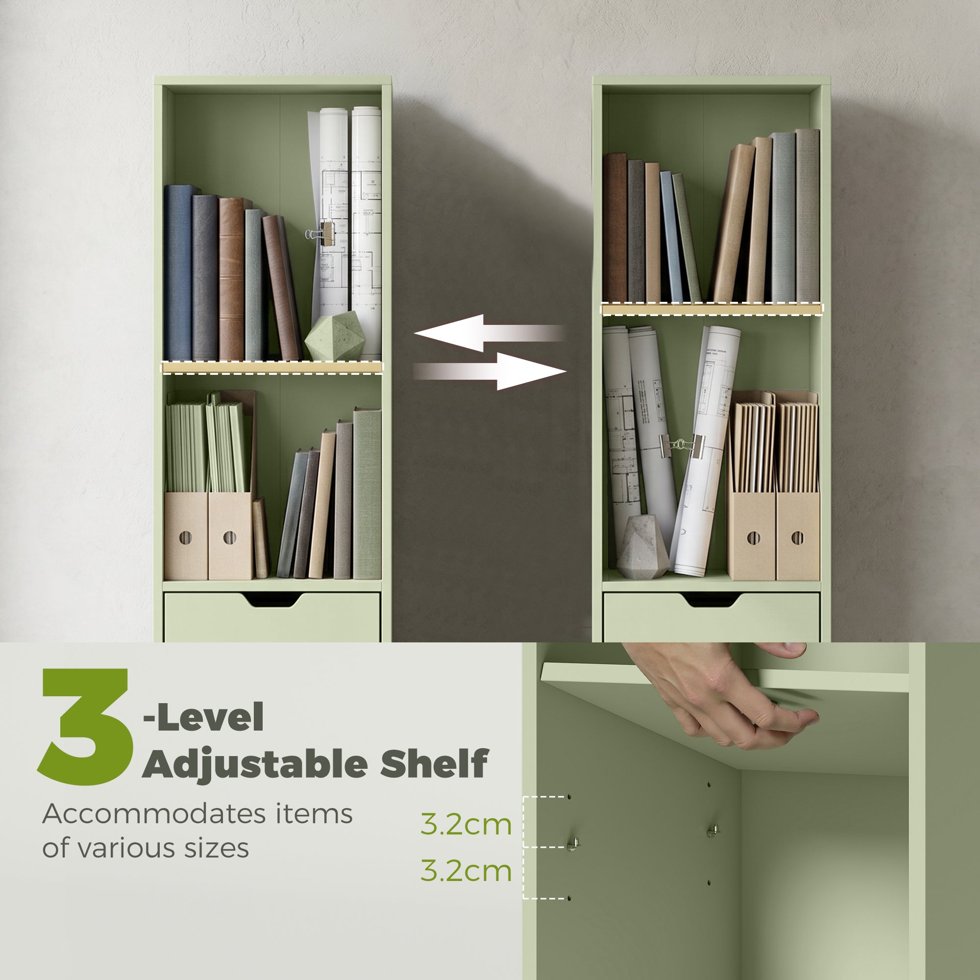 6-Tier Bookcase, Tall Narrow Bookshelf with Drawer and Door - Green