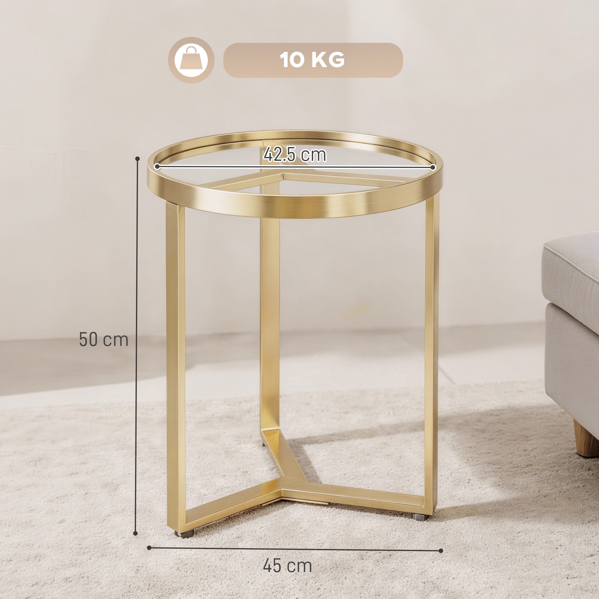 Round Side Table with Tempered Glass Top and Geometric Metal Frame for Small Space, Gold Tone