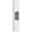 Tall slim white and natural bathroom cabinet with two doors and open shelves