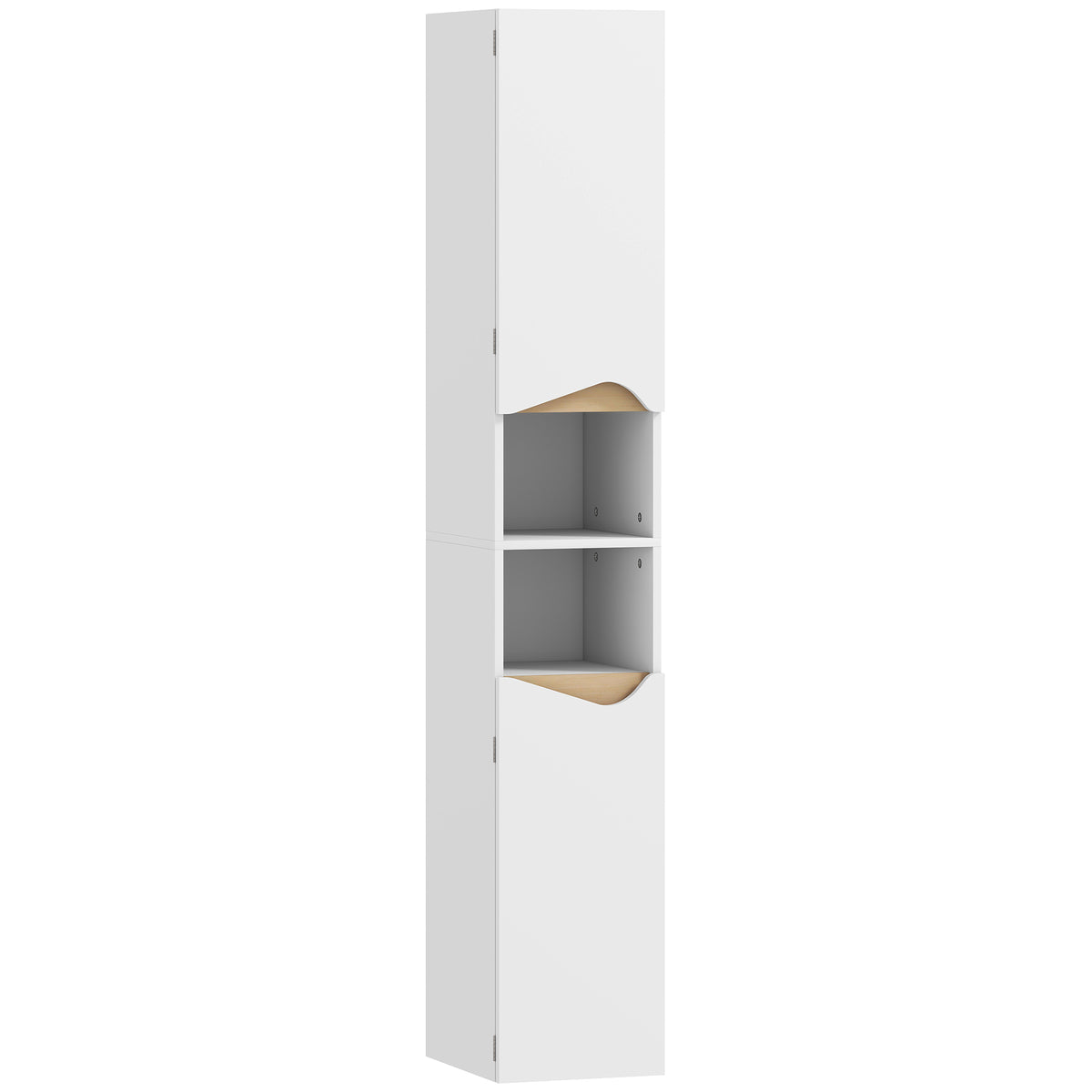 Tall slim white and natural bathroom cabinet with two doors and open shelves