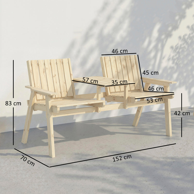 Outsunny 2-Seater Garden Loveseat with Table and Parasol Hole for Porch, Patio, Natural Wood Finish – view 3