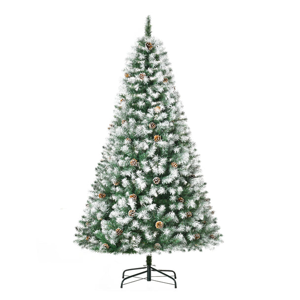 6ft full green Christmas tree with white snow flecks and pine cones