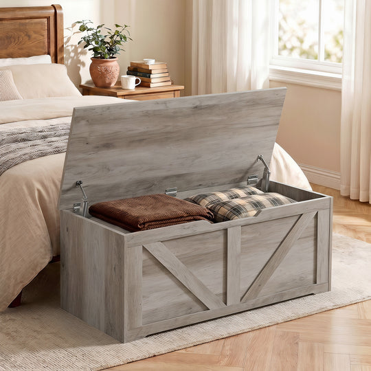 HOMCOM 127L Home Storage Box, with Safety Hinges - Grey Wood-Effect – view 2