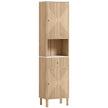 Tall slim wood-effect bathroom cabinet with marble-effect panels, two cupboards and a drawer