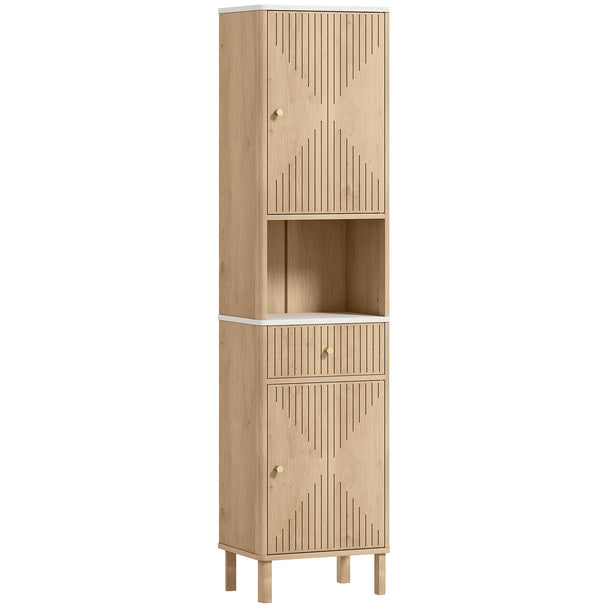 Tall slim wood-effect bathroom cabinet with marble-effect panels, two cupboards and a drawer