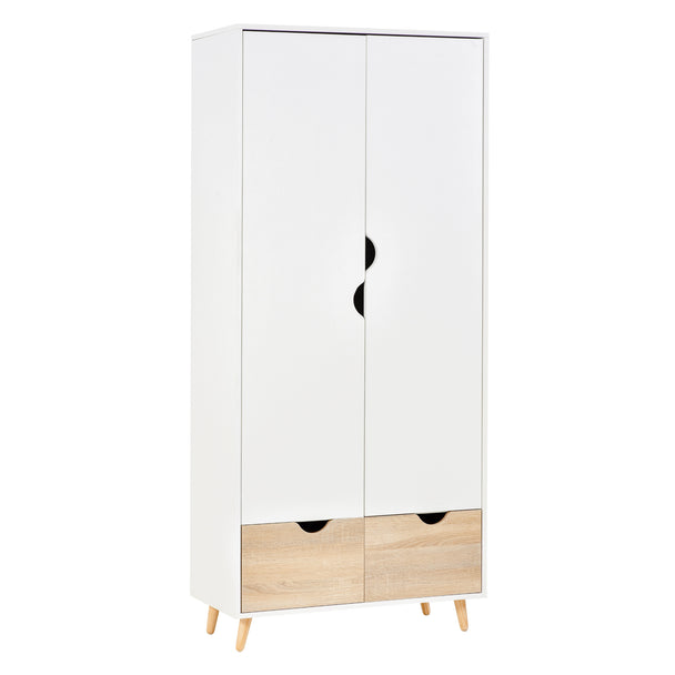 White 2-door wardrobe with two drawers and wooden legs in a bedroom