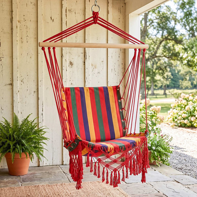 Outsunny Hammock Chair Swing Colourful Striped Tree Hanging Seat Porch Indoor Outdoor Fabric Garden Furniture – view 9