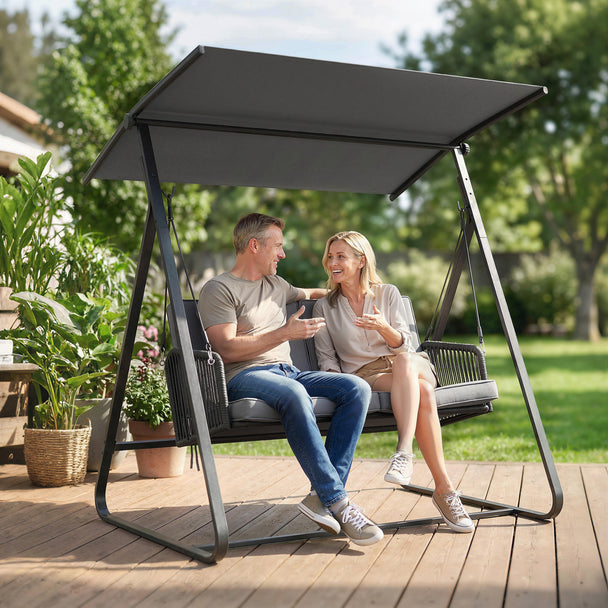 Outsunny 2-Seater Rattan Swing Chair, Outdoor Garden Hanging Swing Seat with Stand, Adjustable Canopy and Soft Cushions – view 2