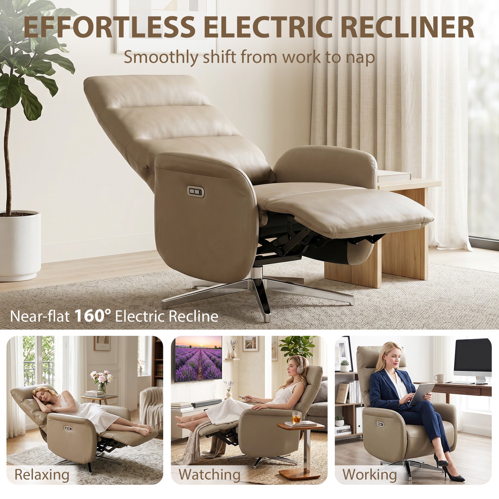 Power Recliner Chair, Swivel Electric Reclining Chair with Type C+USB, Recliner Armchair with Footrest, Brown
