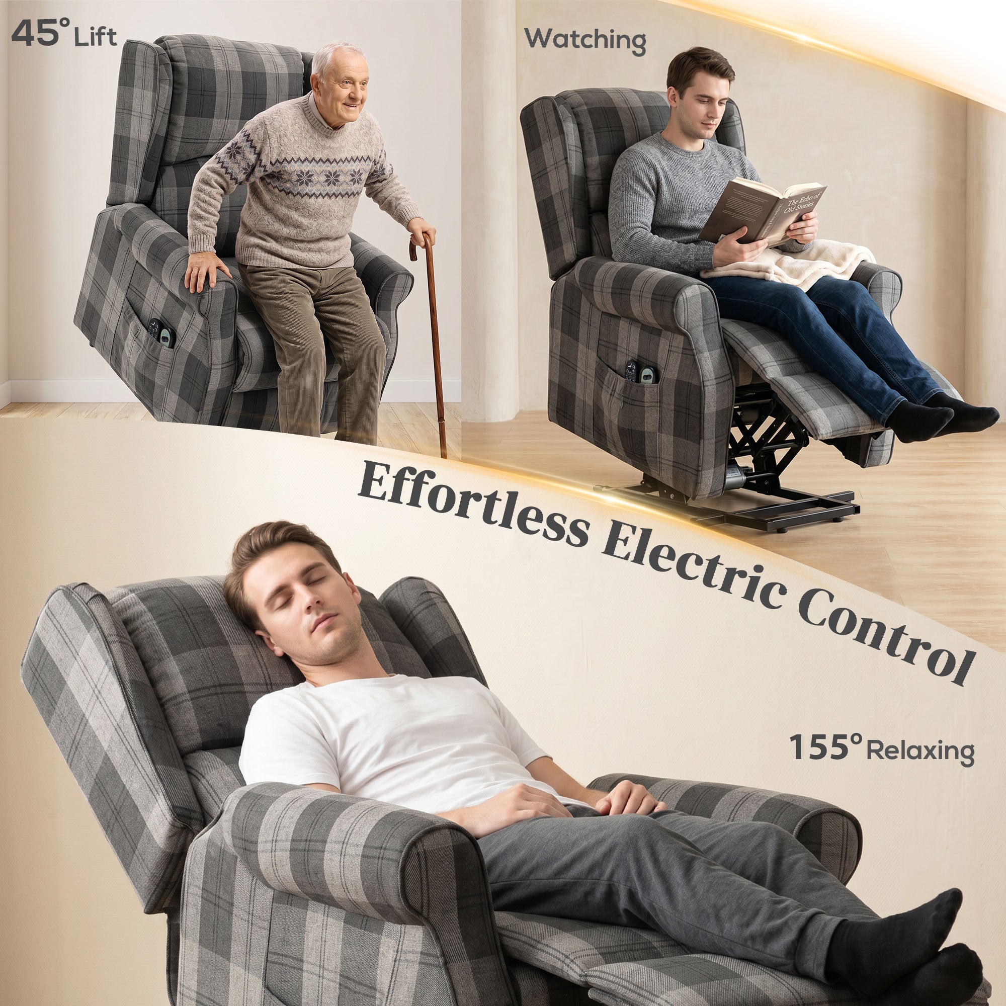 Power Lift Recliner Chair with Vibration Massage, Heat, Checked Lift Chair with Remote, Side Pockets, Grey