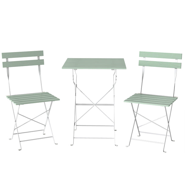 Folding bistro set with green acacia wood slats and white metal frames, round-cornered square table and two chairs