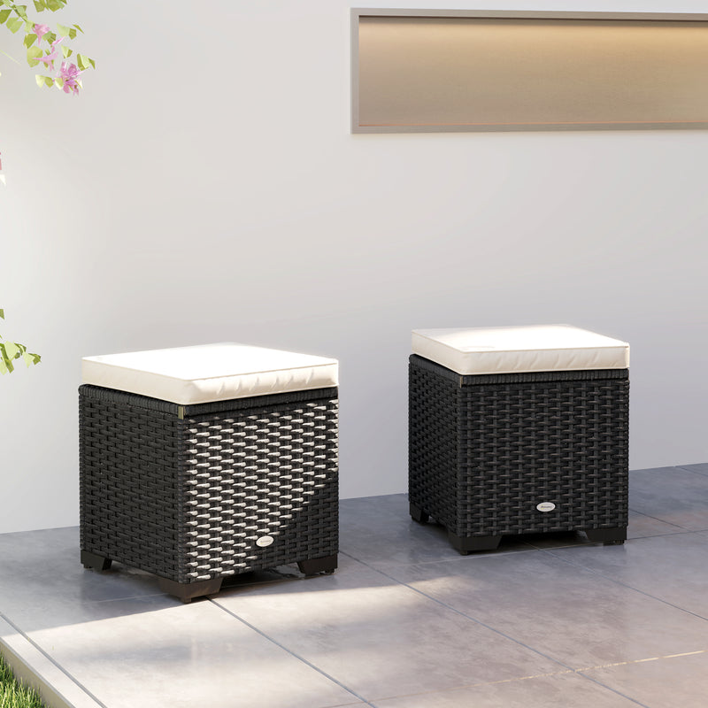 Outsunny Set of 2 Rattan Storage Ottoman, Outdoor Footstool with Removable Cushions, Garden Storage Seat for Balcony – view 9