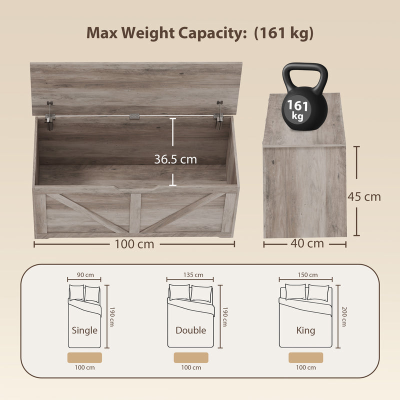 HOMCOM 127L Home Storage Box, with Safety Hinges - Grey Wood-Effect – view 3