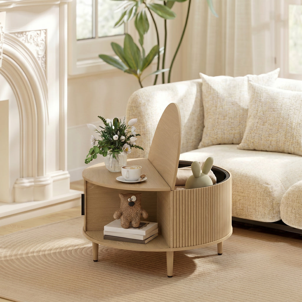 Coffee Table with Lift Top and Hidden Storage, Round Centre Table with Fluted Sliding Door, 80 cm, Natural Wood
