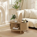 Coffee Table with Lift Top and Hidden Storage, Round Centre Table with Fluted Sliding Door, 80 cm, Natural Wood